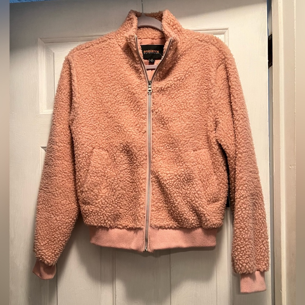 Size small pink fluffy teddy bear style zip up with pockets jacket